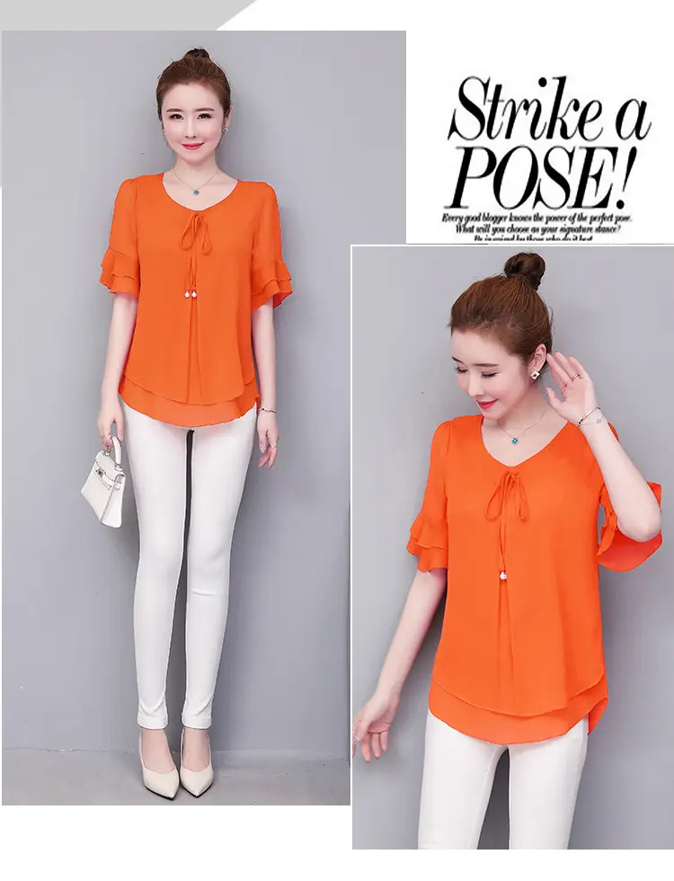 Real Shot Middle-aged Women Ruffled Chiffon Top Orange White Set — feature 15