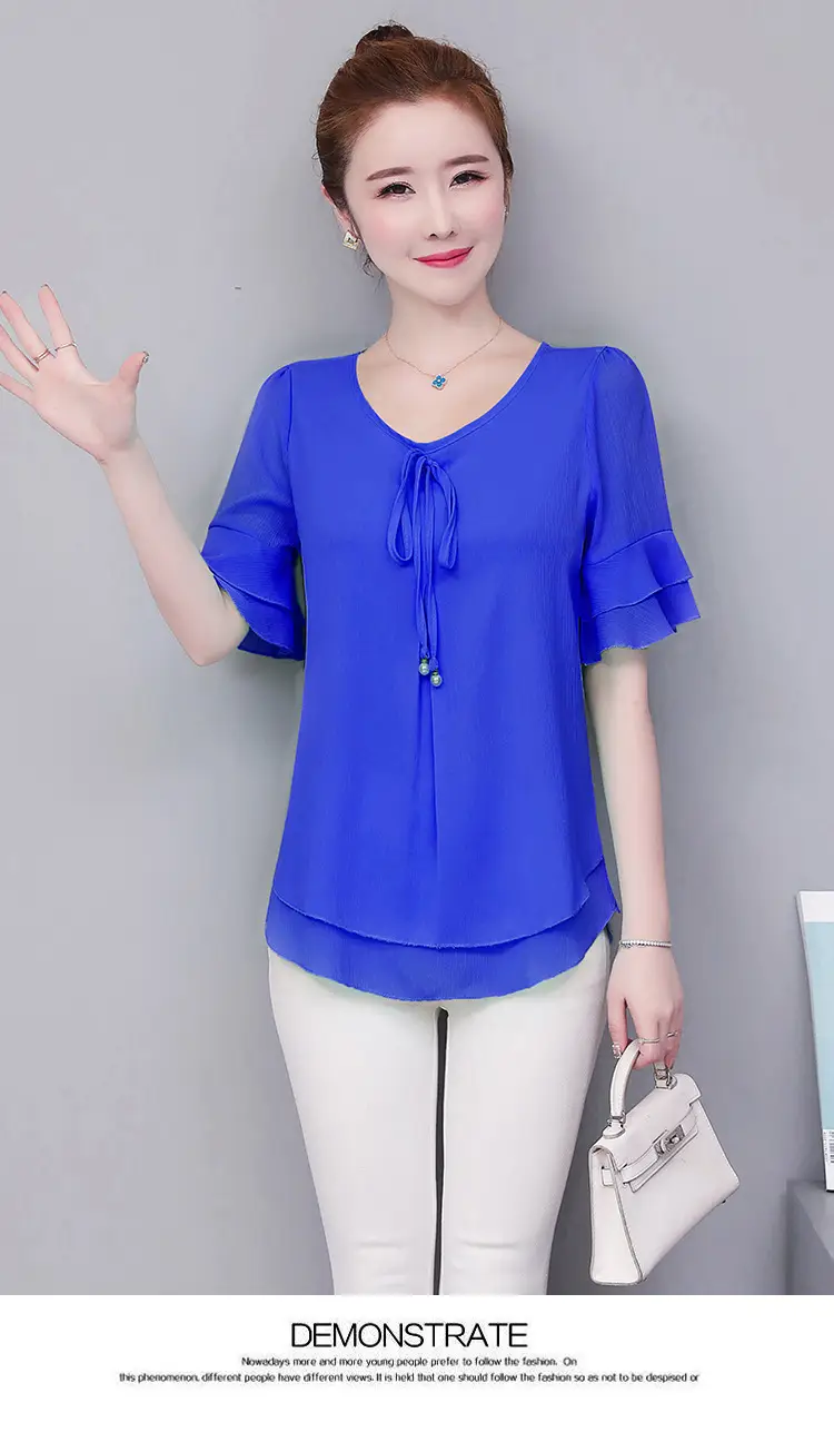 Real Shot Middle-aged Women Ruffled Chiffon Top Orange White Set — feature 16