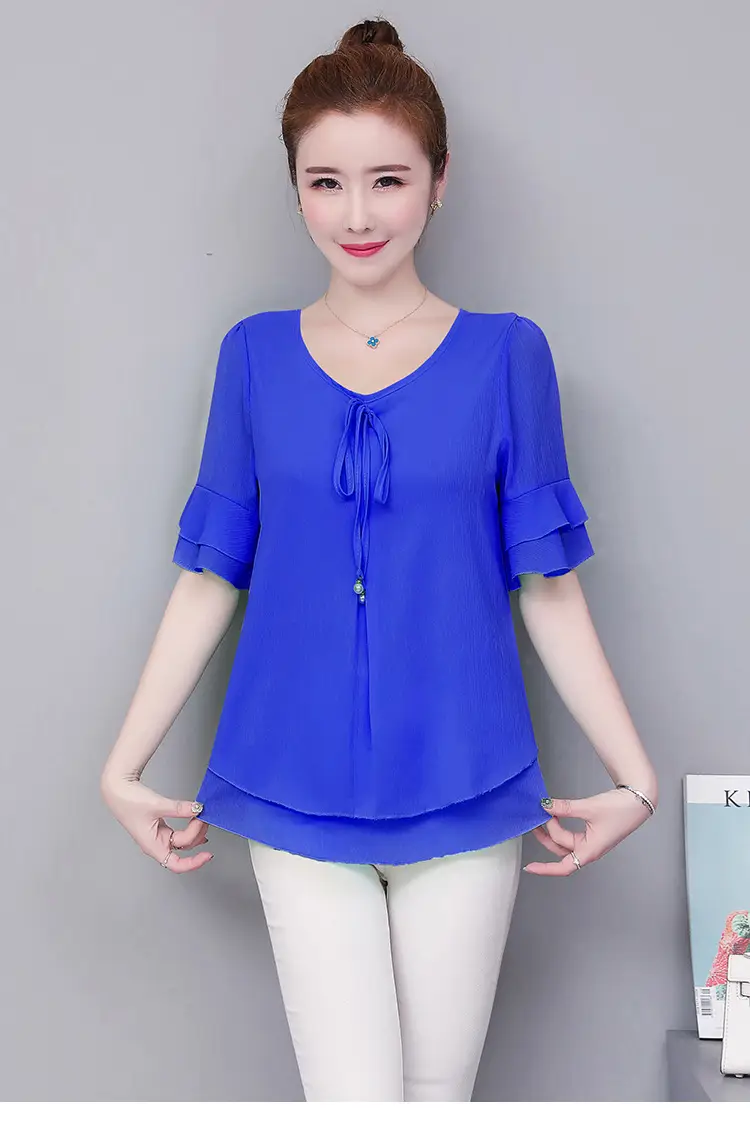 Real Shot Middle-aged Women Ruffled Chiffon Top Orange White Set — feature 17