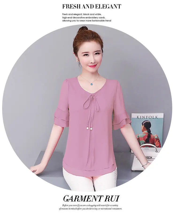 Real Shot Middle-aged Women Ruffled Chiffon Top Orange White Set — feature 18