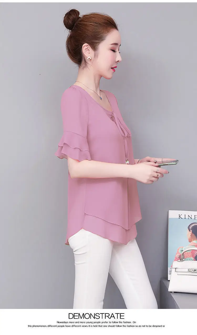 Real Shot Middle-aged Women Ruffled Chiffon Top Orange White Set — feature 19