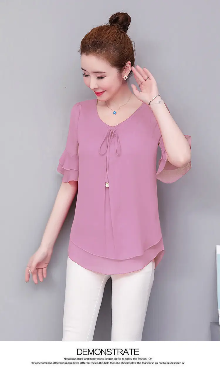 Real Shot Middle-aged Women Ruffled Chiffon Top Orange White Set — feature 20