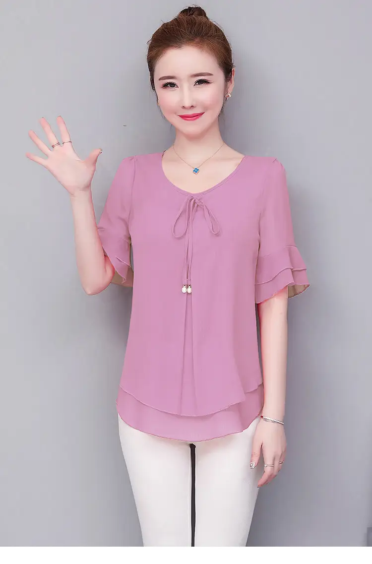 Real Shot Middle-aged Women Ruffled Chiffon Top Orange White Set — feature 21