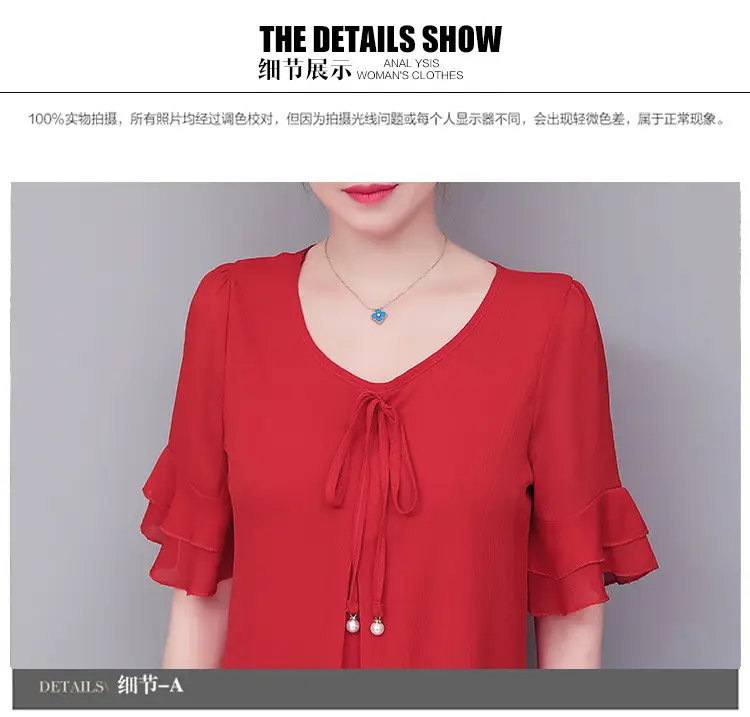 Real Shot Middle-aged Women Ruffled Chiffon Top Orange White Set — feature 22