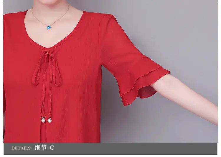 Real Shot Middle-aged Women Ruffled Chiffon Top Orange White Set — feature 24