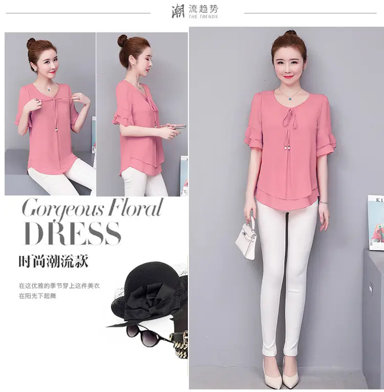 Real Shot Middle-aged Women Ruffled Chiffon Top Orange White Set — feature 4