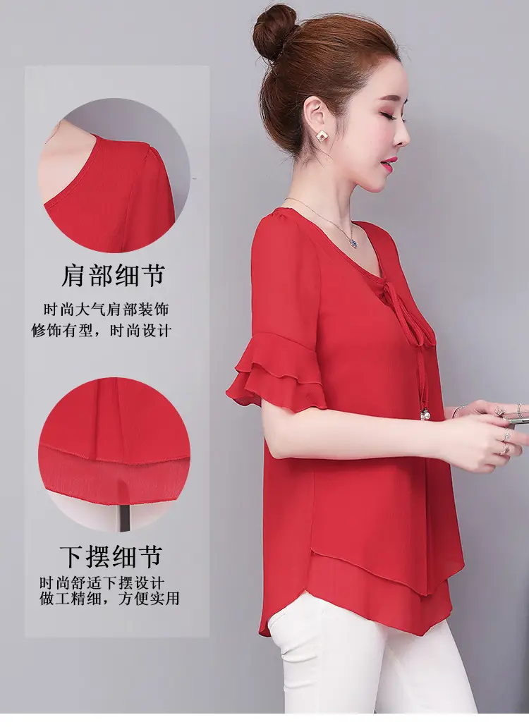 Real Shot Middle-aged Women Ruffled Chiffon Top Orange White Set — feature 6