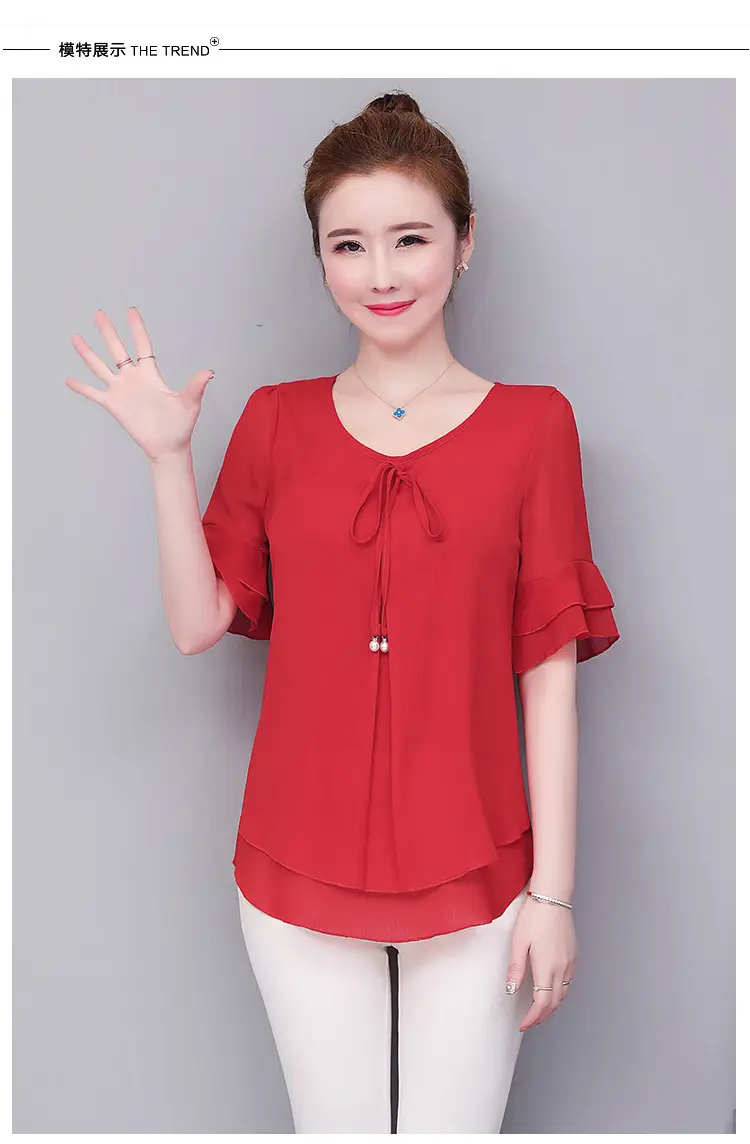 Real Shot Middle-aged Women Ruffled Chiffon Top Orange White Set — feature 9