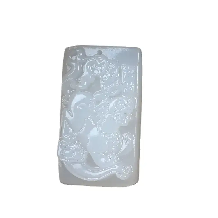 Suet White Jade Buddha Dragon Pendant 5.33" - Image 12