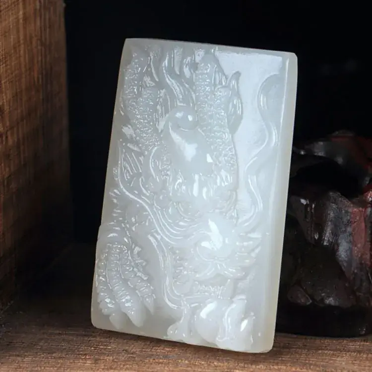 Suet White Jade Buddha Dragon Pendant 5.33"