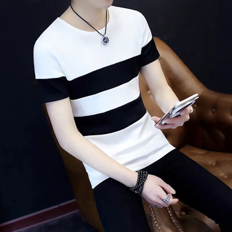 20 Men Striped T-Shirt White Black Round Neck Slim Fit - Image 3