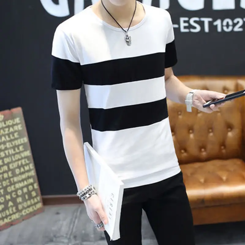 20 Men Striped T-Shirt White Black Round Neck Slim Fit - Image 5