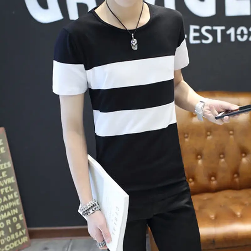 20 Men Striped T-Shirt White Black Round Neck Slim Fit - Image 6