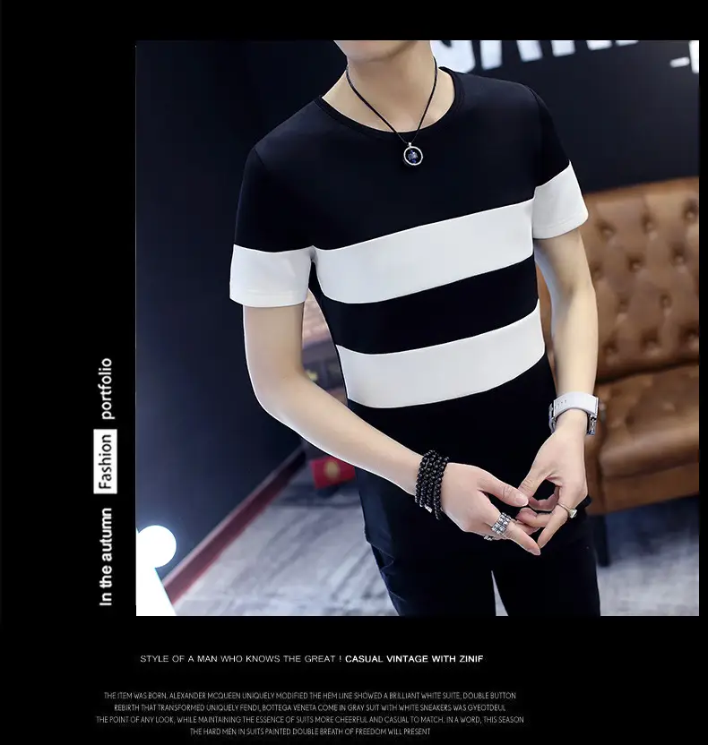 20 Men Striped T-Shirt White Black Round Neck Slim Fit — feature 11