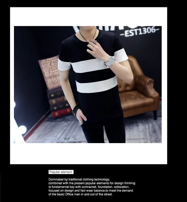 20 Men Striped T-Shirt White Black Round Neck Slim Fit — feature 14