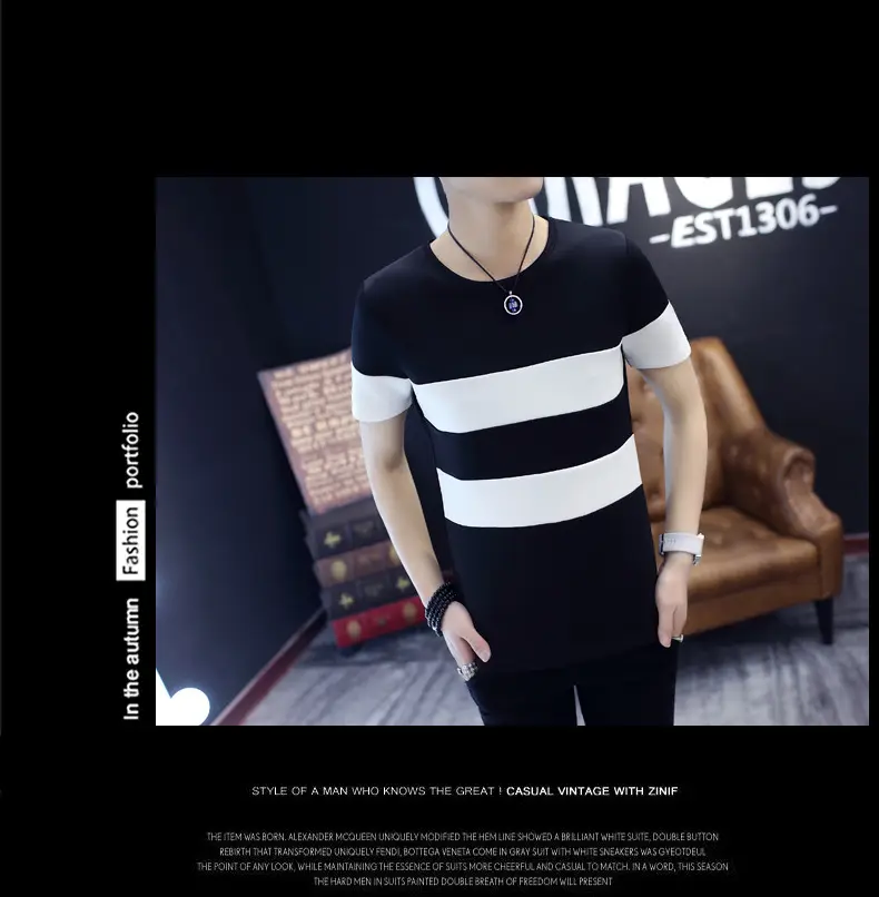 20 Men Striped T-Shirt White Black Round Neck Slim Fit — feature 16