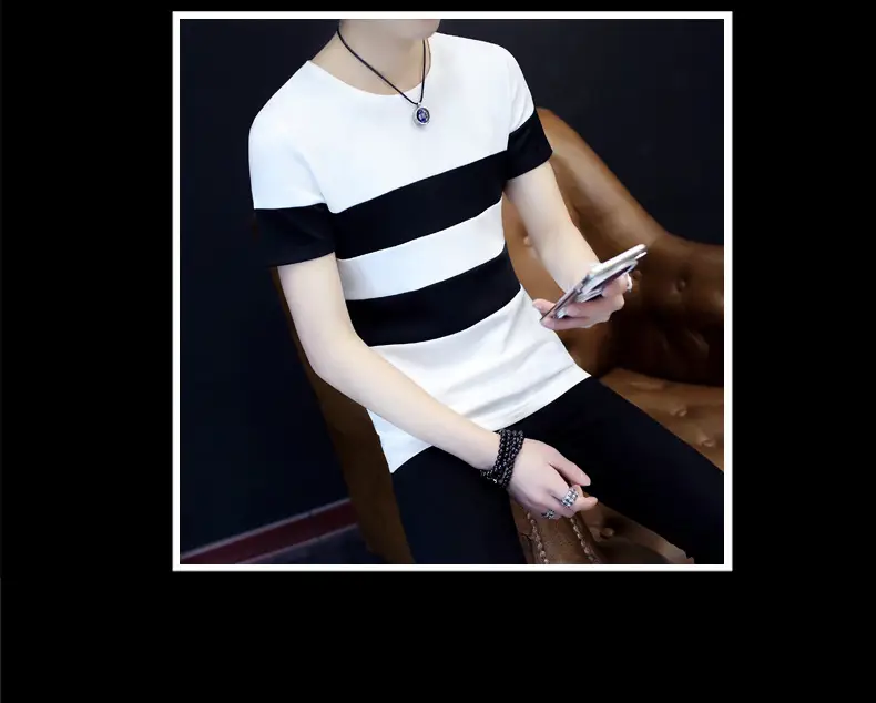 20 Men Striped T-Shirt White Black Round Neck Slim Fit — feature 17