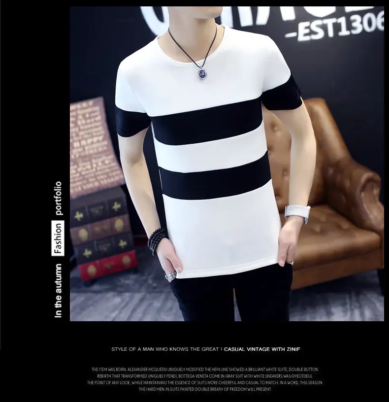 20 Men Striped T-Shirt White Black Round Neck Slim Fit — feature 20