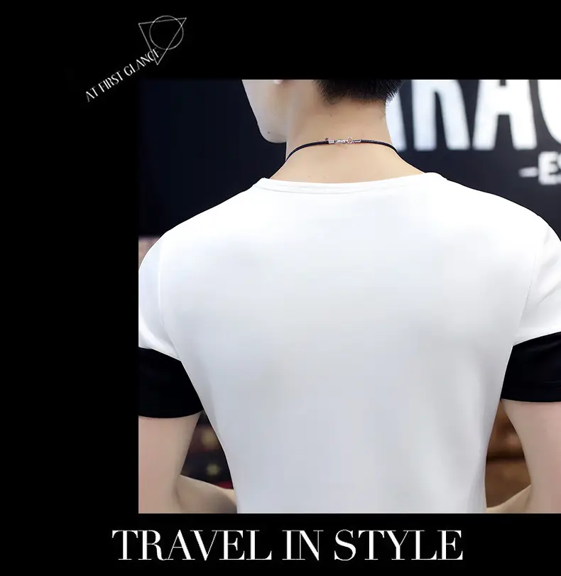 20 Men Striped T-Shirt White Black Round Neck Slim Fit — feature 22