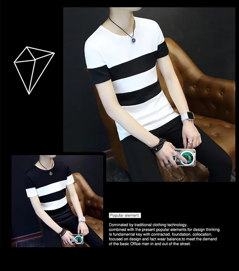 20 Men Striped T-Shirt White Black Round Neck Slim Fit — feature 8