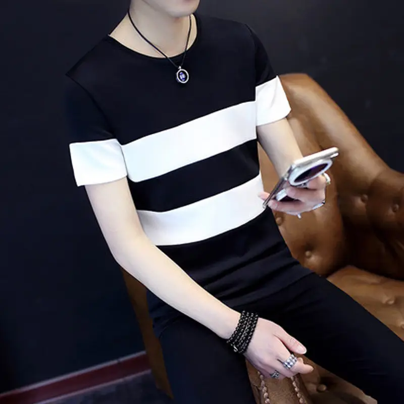 20 Men Striped T-Shirt White Black Round Neck Slim Fit - Image 2