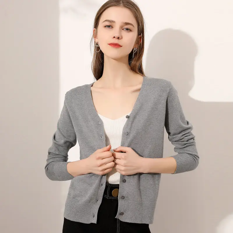 Women's Grey Knitted V-Neck Cardigan Coat - Image 13