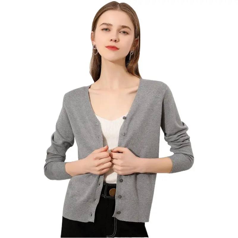 Women's Grey Knitted V-Neck Cardigan Coat