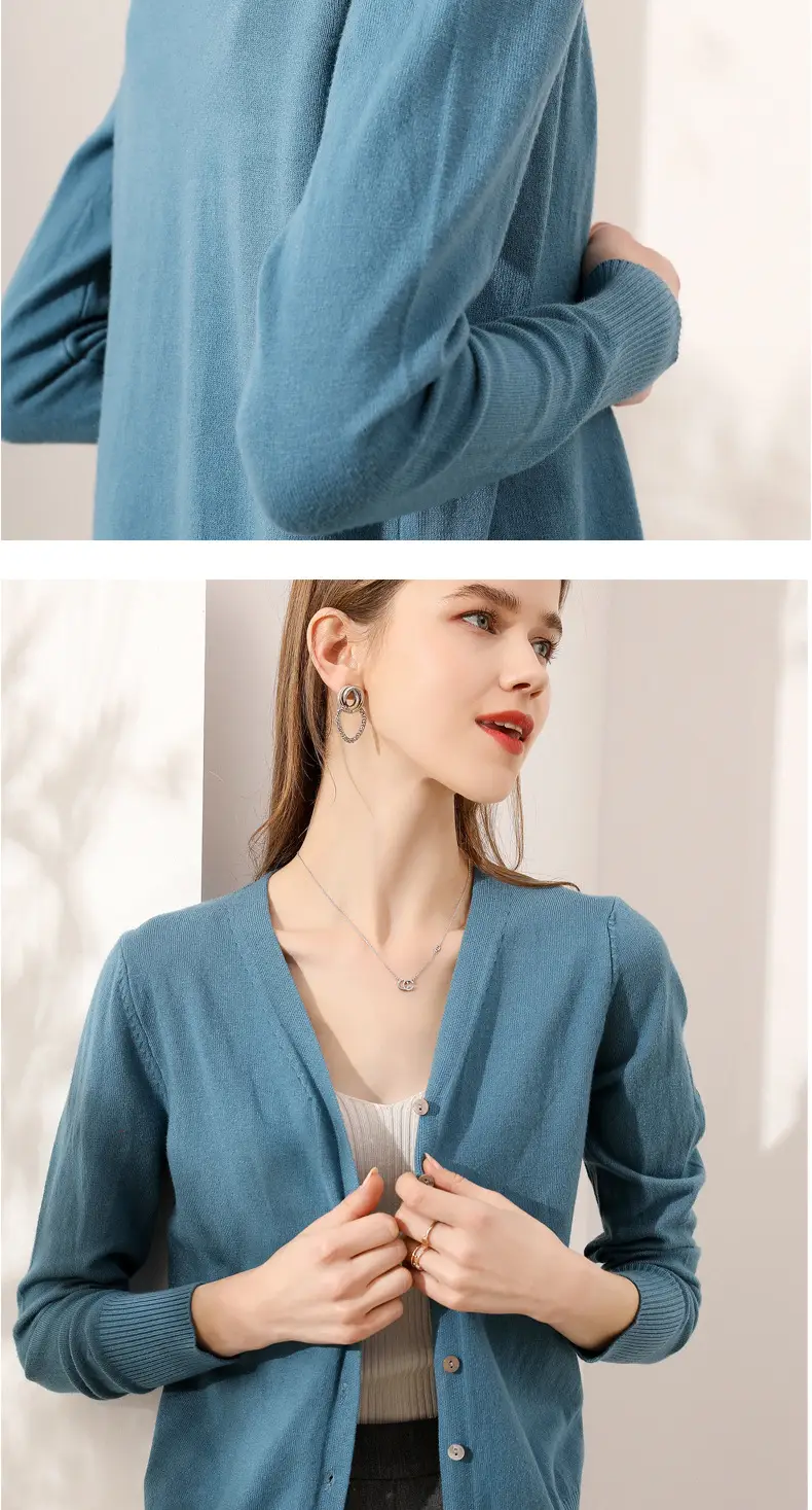 Women's Grey Knitted V-Neck Cardigan Coat — feature 12