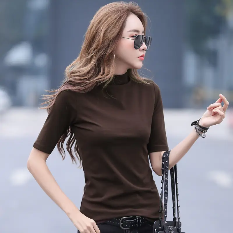 Women 2026 Mid Sleeve Base Shirt 95Cotton Solid Color Slim Fit