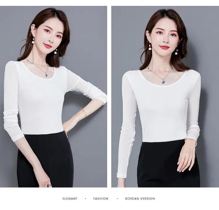 Elegant Women's White Long Sleeve T-Shirt with Glitter Silk Detail — feature 17
