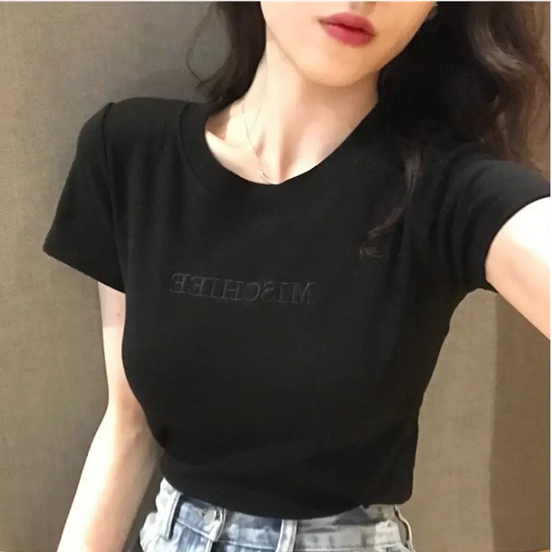 Women Letter Embroidered Short Sleeve T-Shirt White - Image 14