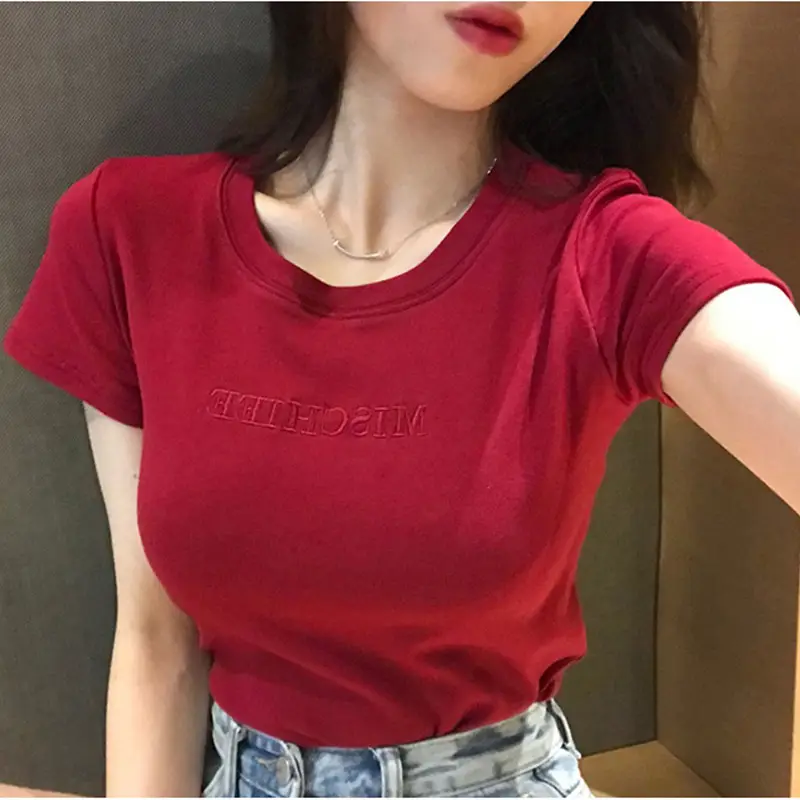 Women Letter Embroidered Short Sleeve T-Shirt White - Image 5