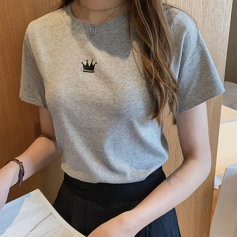 Women's Black Embroidered T-Shirt Slim Fit Summer - Image 8