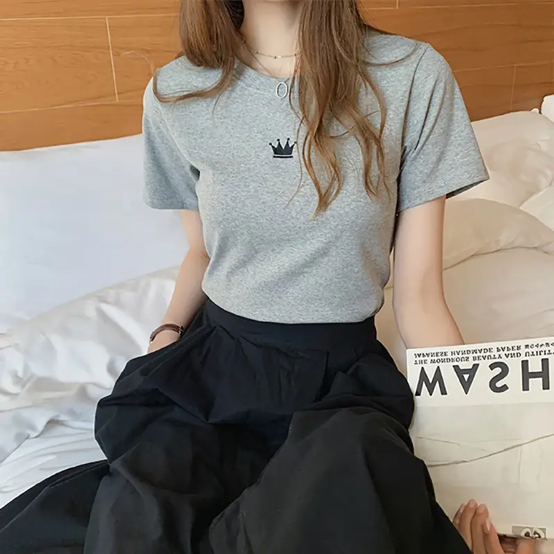 Women's Black Embroidered T-Shirt Slim Fit Summer - Image 2
