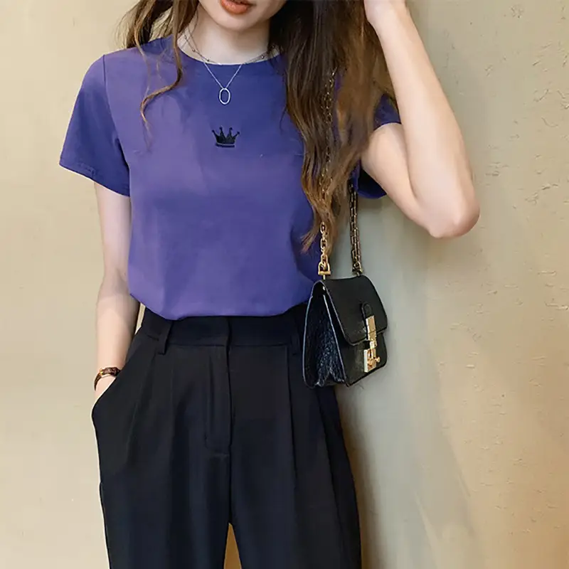 Women's Black Embroidered T-Shirt Slim Fit Summer - Image 3