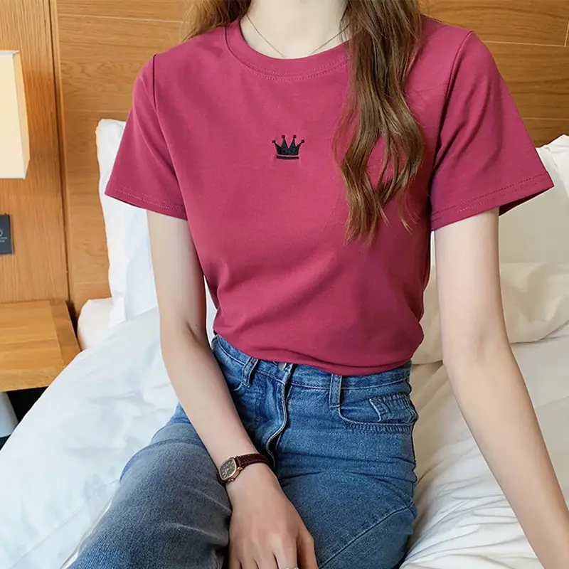 Women's Black Embroidered T-Shirt Slim Fit Summer - Image 5