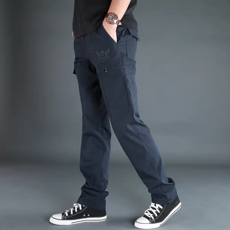 Men Grey Stretchy Multi-Pocket Cargo Pants Large