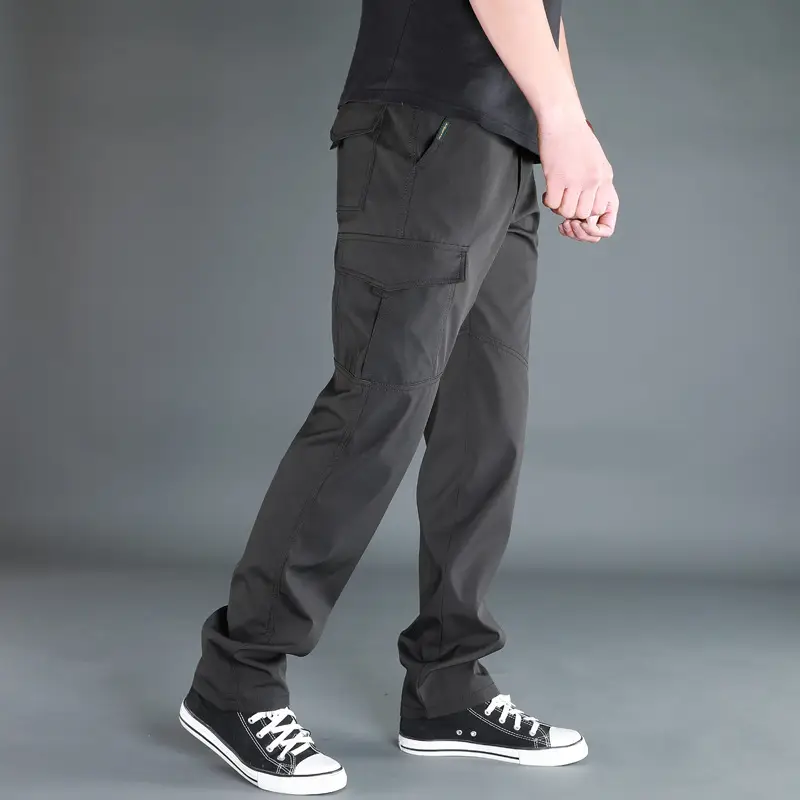 Men Grey Stretchy Multi-Pocket Cargo Pants Large - Image 3