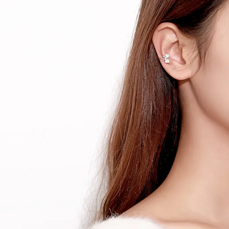 Korean Earrings Earring Clip Bow Zircon Silver - Image 4