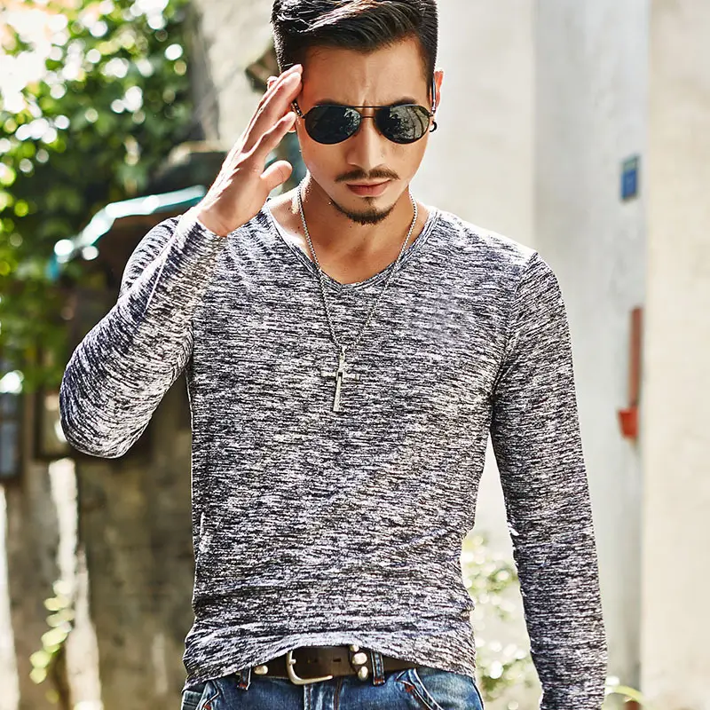 Men's Grey Marbled Long Sleeve T-Shirt Casual Trendy
