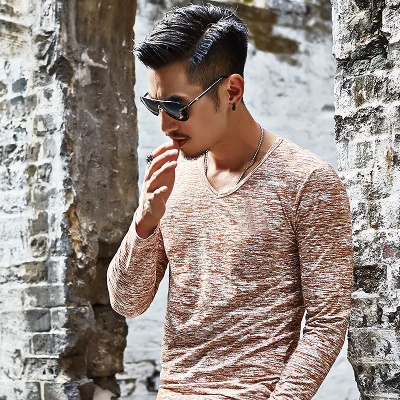 Men's Grey Marbled Long Sleeve T-Shirt Casual Trendy