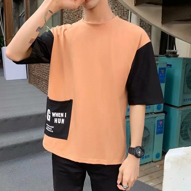 Men Korean Style Half Sleeve T-Shirt Orange Loose Fit - Image 8