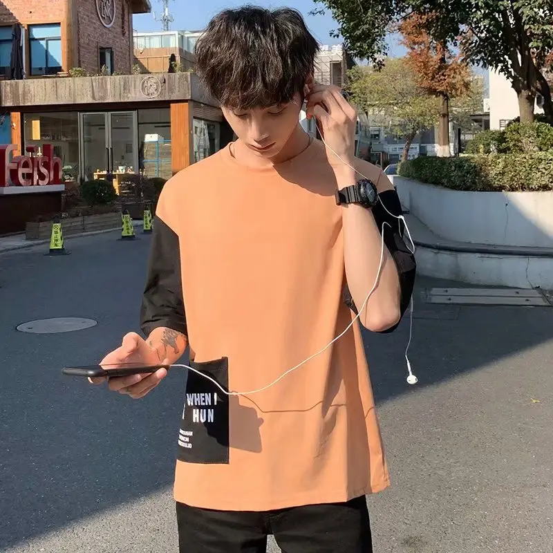 Men Korean Style Half Sleeve T-Shirt Orange Loose Fit - Image 2