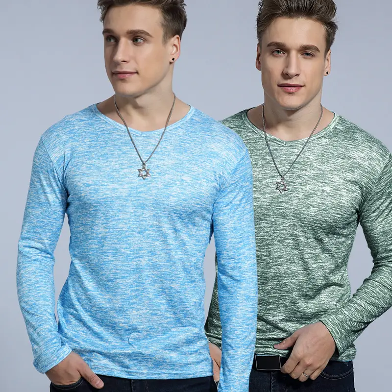Men Long Sleeve T-Shirt Gray Marbled Lycra Solid Color