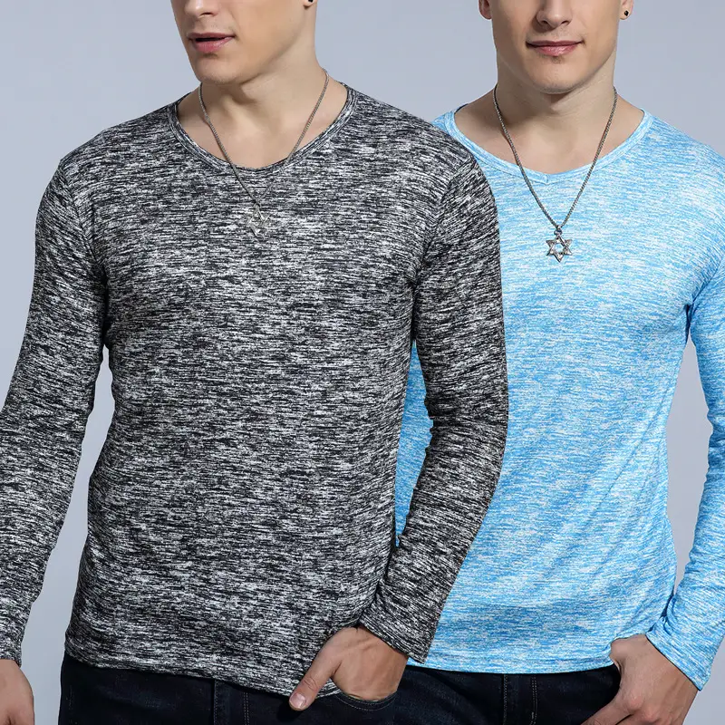 Men Long Sleeve T-Shirt Gray Marbled Lycra Solid Color
