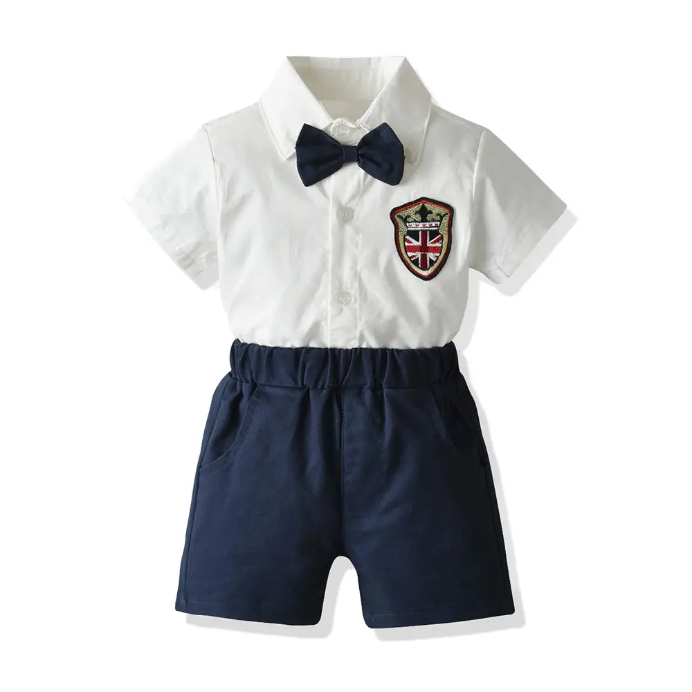 Kids British Style Badge Shorts Suit White Navy - Image 2