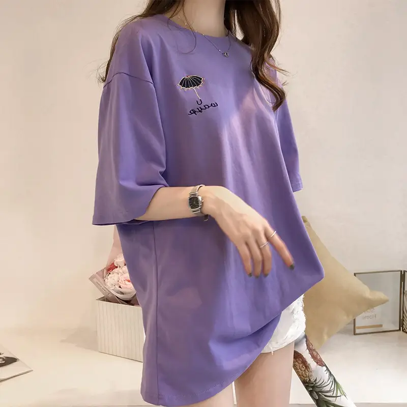 2025 Women Embroidered T-Shirt Black Short Sleeve