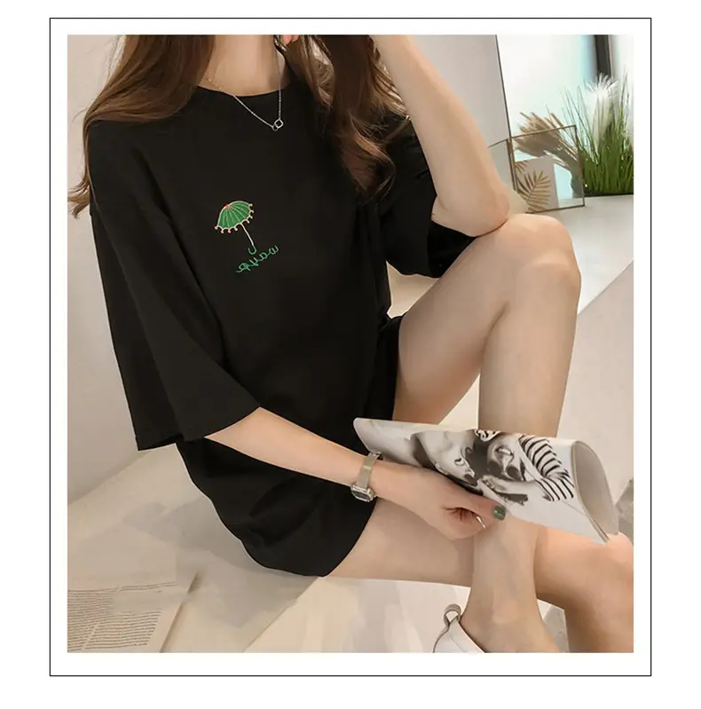 2025 Women Embroidered T-Shirt Black Short Sleeve — feature 13