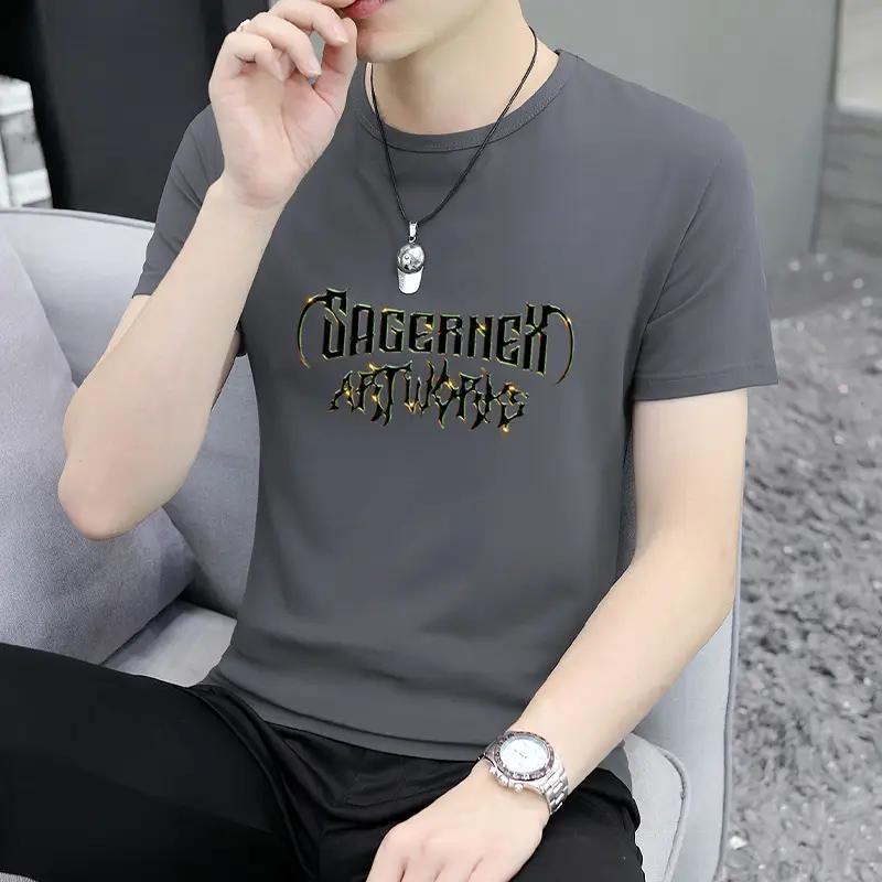 Men Printed Grey T-Shirt Short Sleeve Crew Neck - Image 10