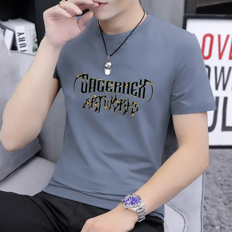 Men Printed Grey T-Shirt Short Sleeve Crew Neck - Image 11